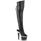 Pleaser SPECTATOR-3019 Black Pu-Black 7 Inch Heel, 3 Inch Textured Platform Open Toe/Heel Thigh Boot, Side Zip